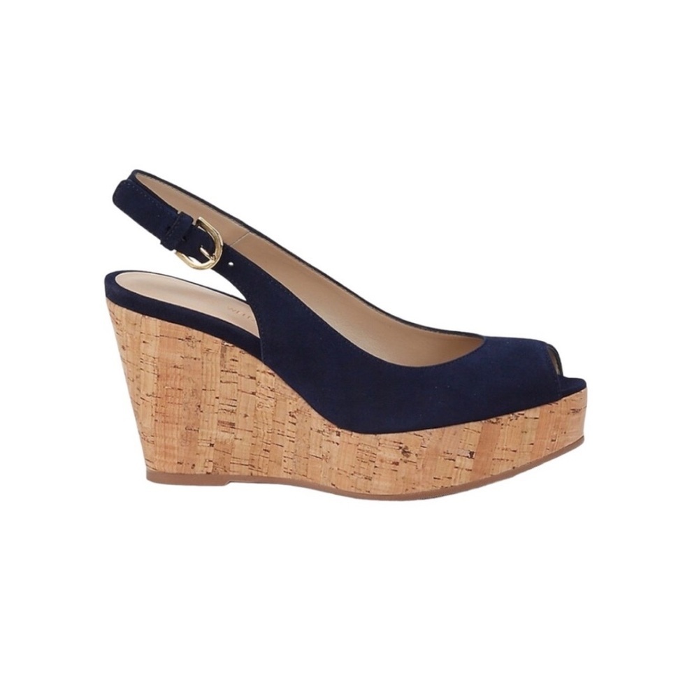 NEW STUART WEITZMAN Jean Suede Slingback Wedge Sandals Navy Blue Size 11.5 - Picture 2 of 10